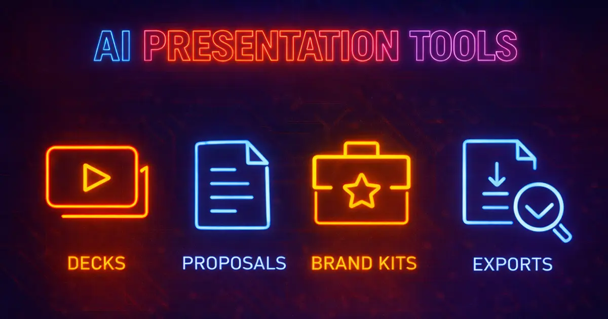 AI presentation tools for pitch decks and proposals with templates, brand kits, collaboration, and PowerPoint exports